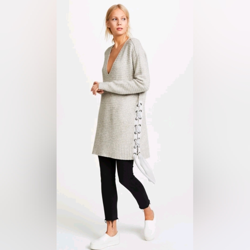 FREE PEOPLE Heart It Gray Lace Up Oversized Chenille Yarn Sweater Dress Tunic M